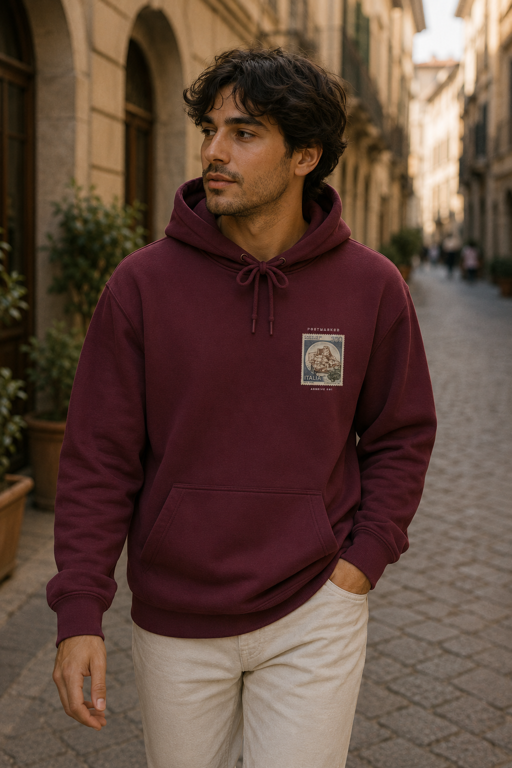 Vintage Italia Stamp Hoodie — Retro Travel Graphic Hooded Sweatshirt