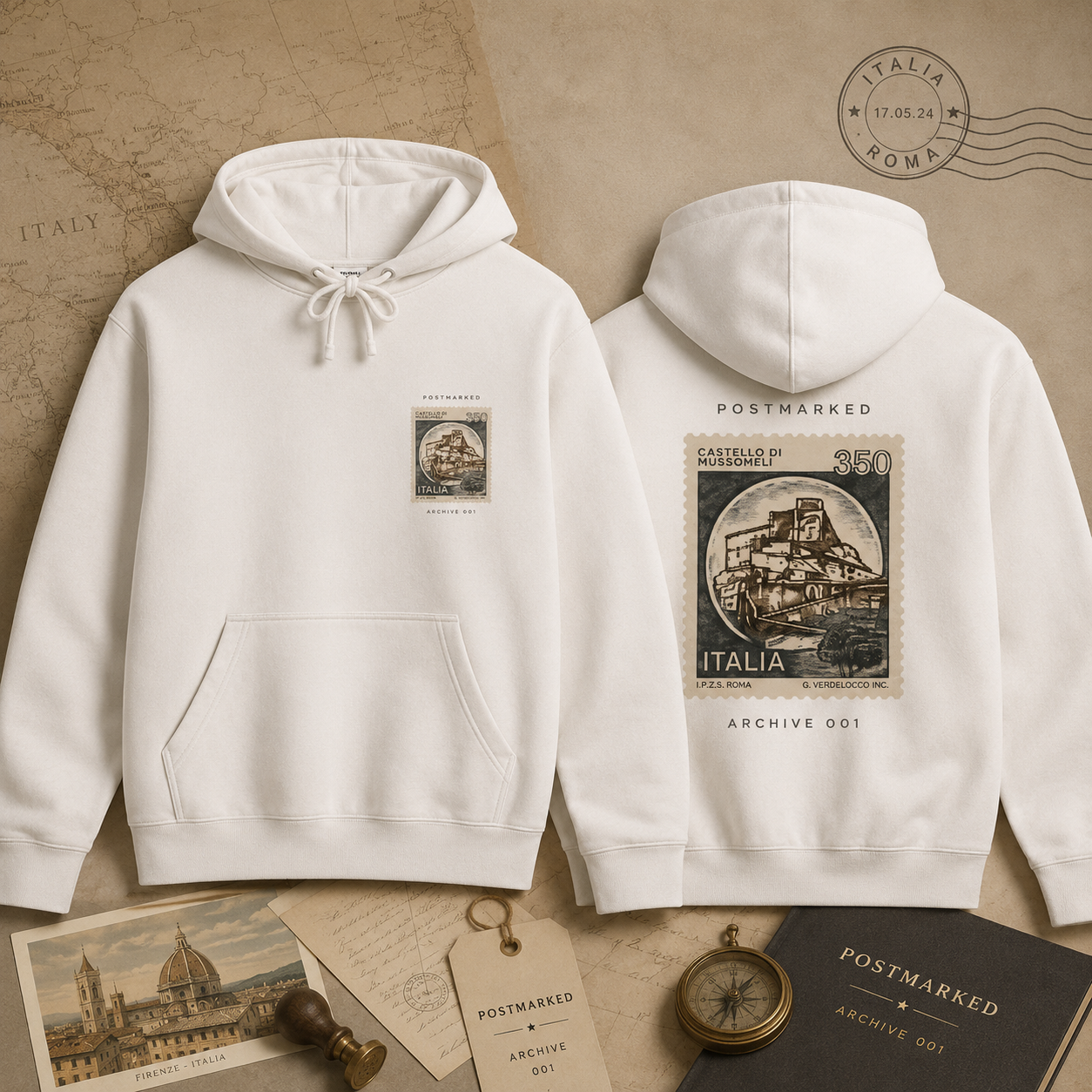 Vintage Italia Stamp Hoodie — Retro Travel Graphic Hooded Sweatshirt