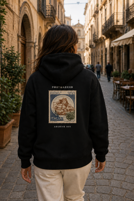 Vintage Italia Stamp Hoodie — Retro Travel Graphic Hooded Sweatshirt