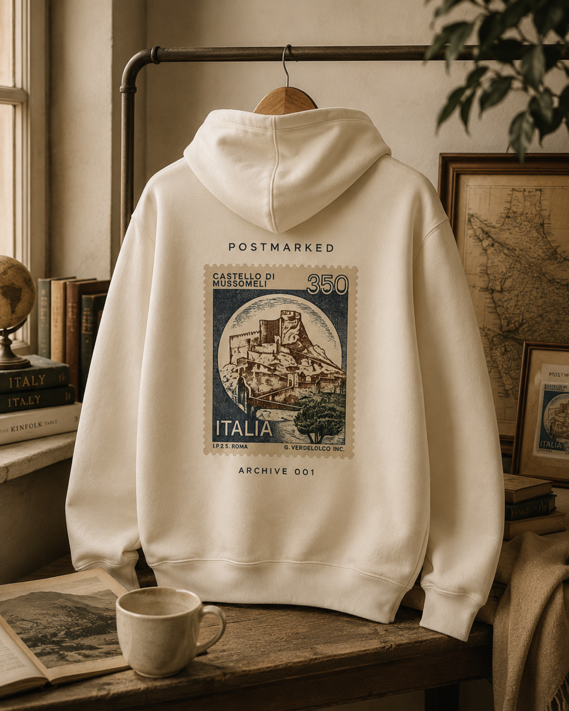 Vintage Italia Stamp Hoodie — Retro Travel Graphic Hooded Sweatshirt